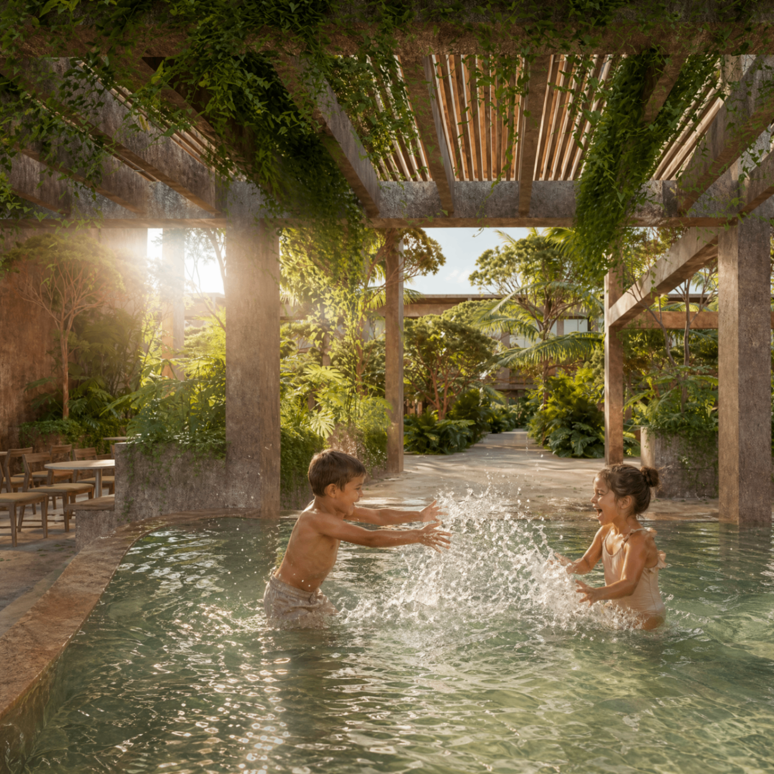Adults and kids under a pergola terrace