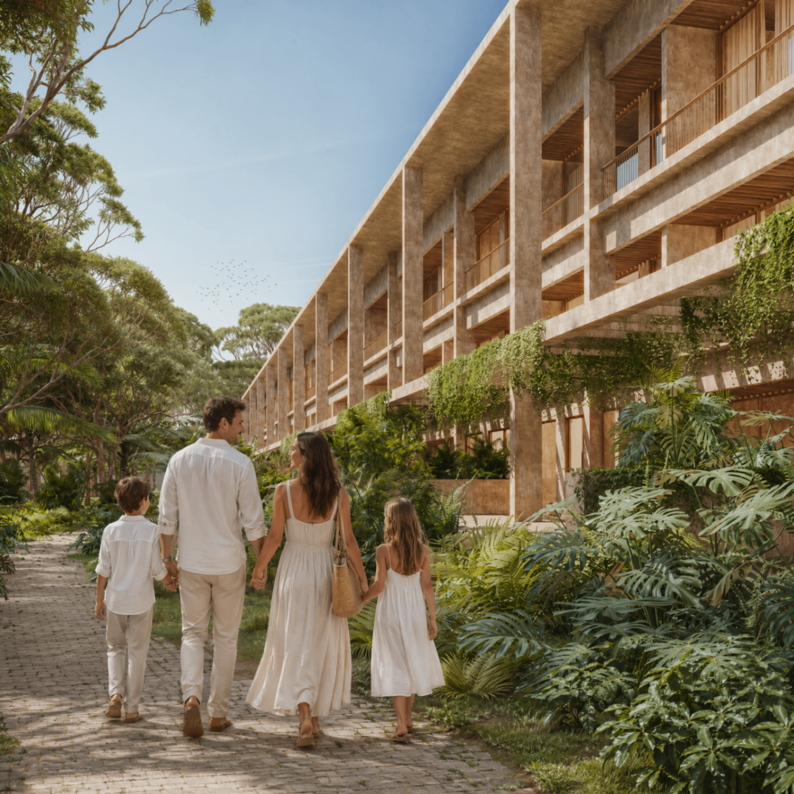 VIREO Living — fachada con vida familiar y vegetación tropical