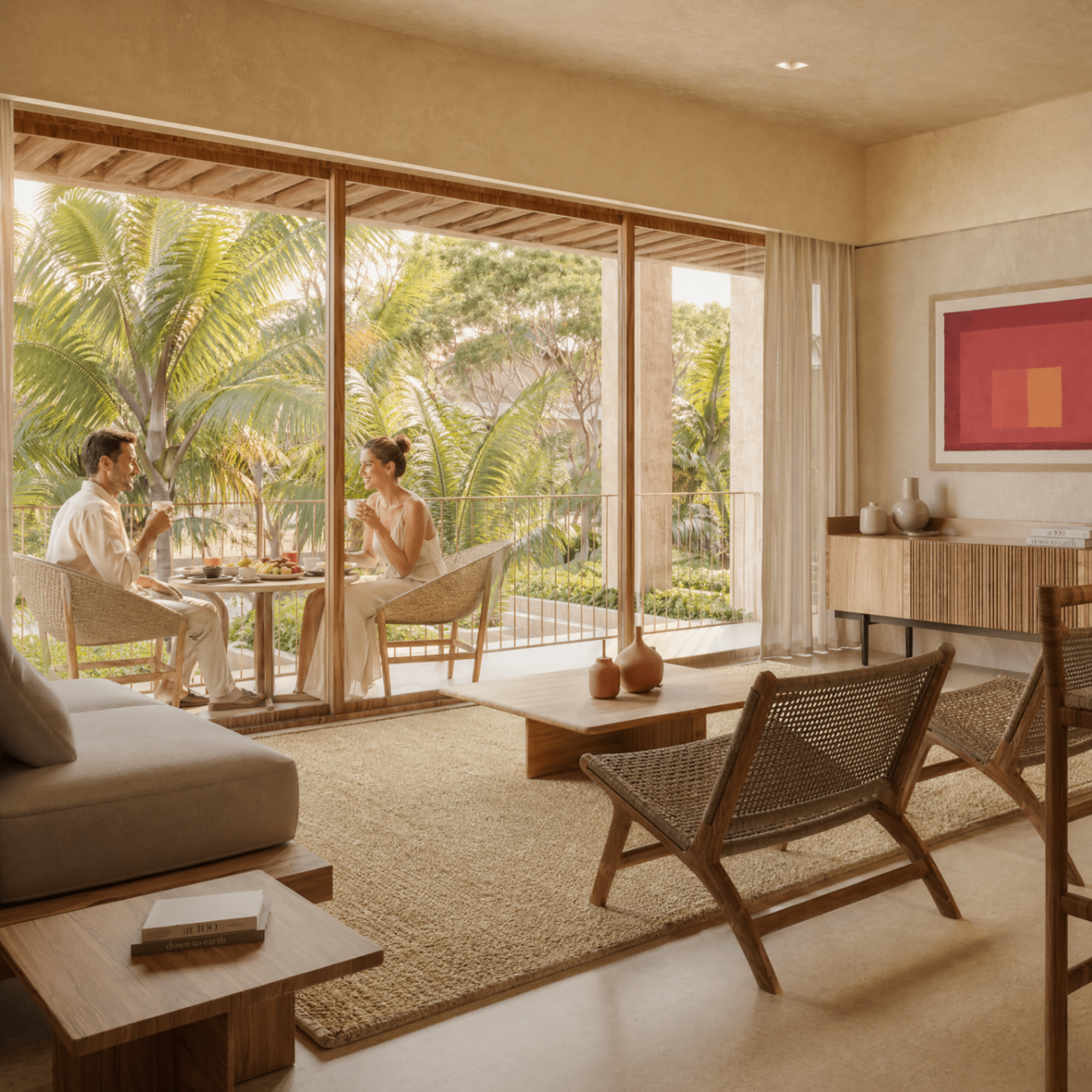 VIREO Living — desayuno en terraza con vegetación tropical
