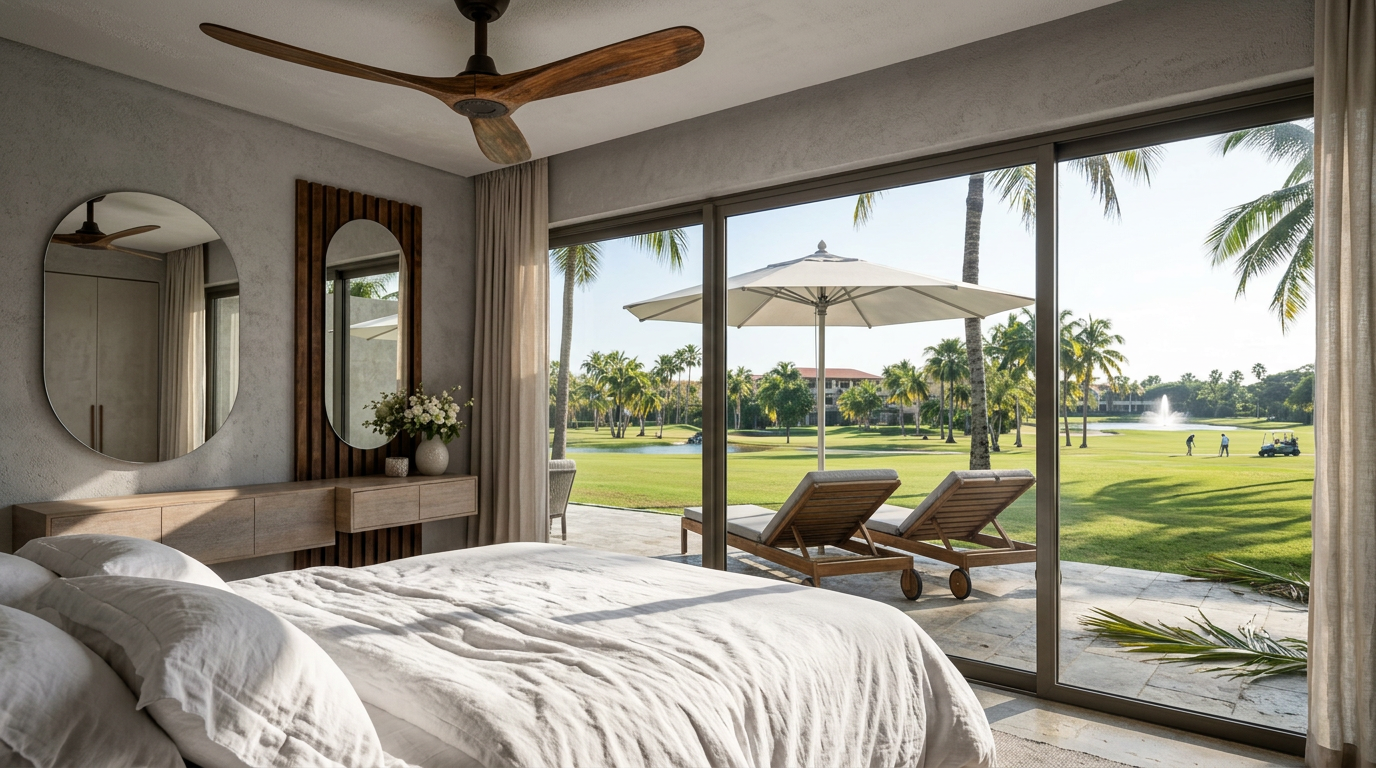 VIREO Living — recámara real con vista al campo de golf El Tigre