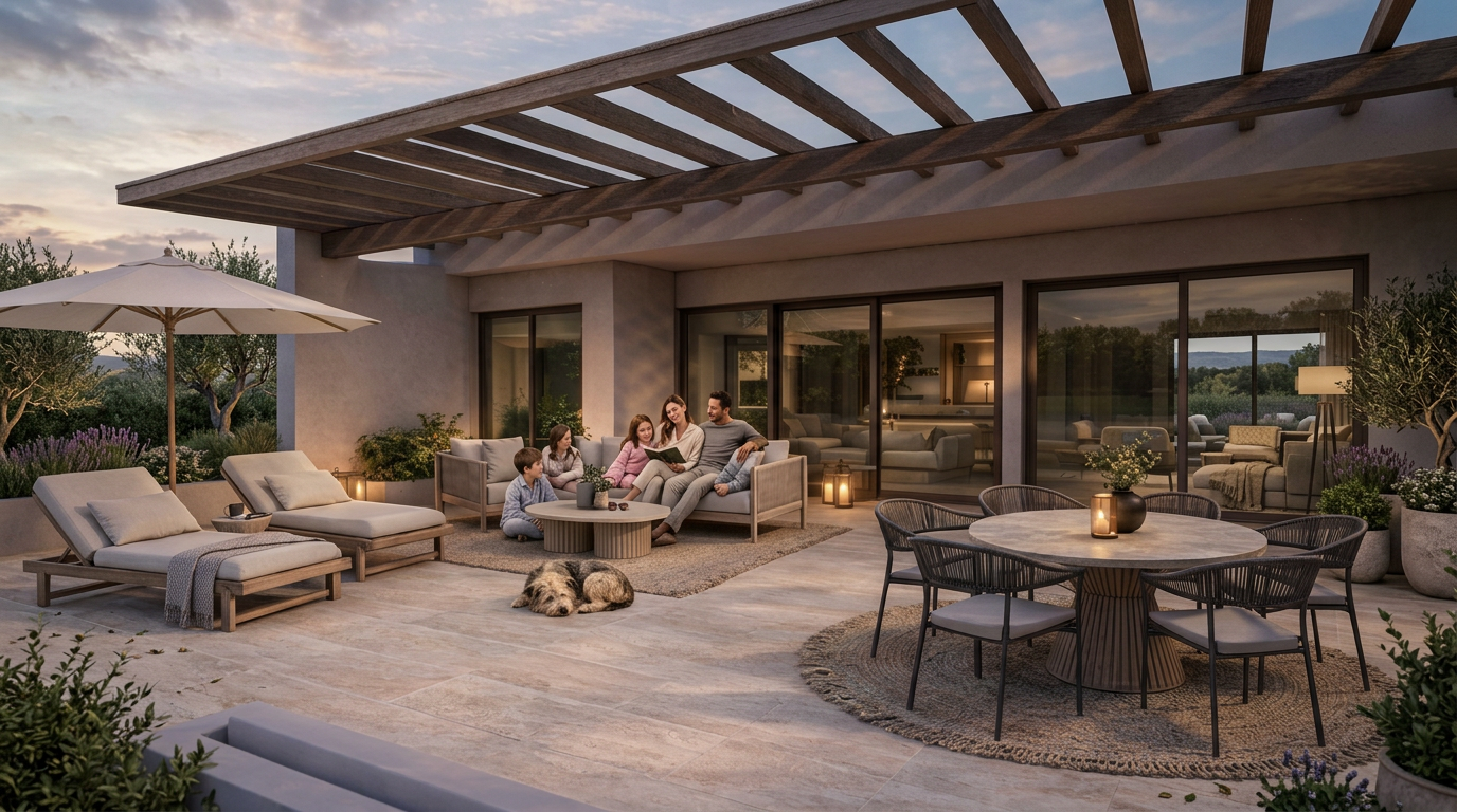 VIREO Living — terraza al atardecer con vista al jardín tropical