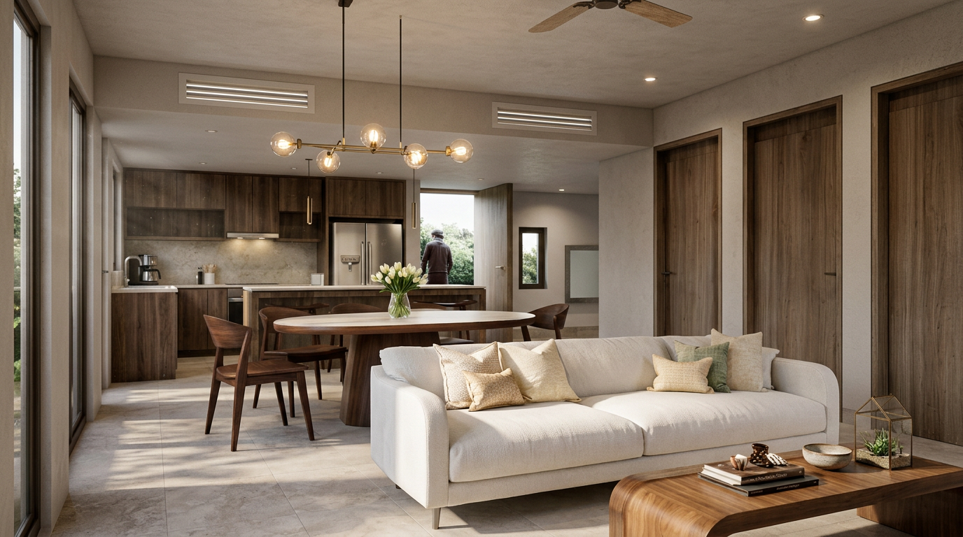 VIREO Living — sala, comedor y cocina integrados con vista al jardín