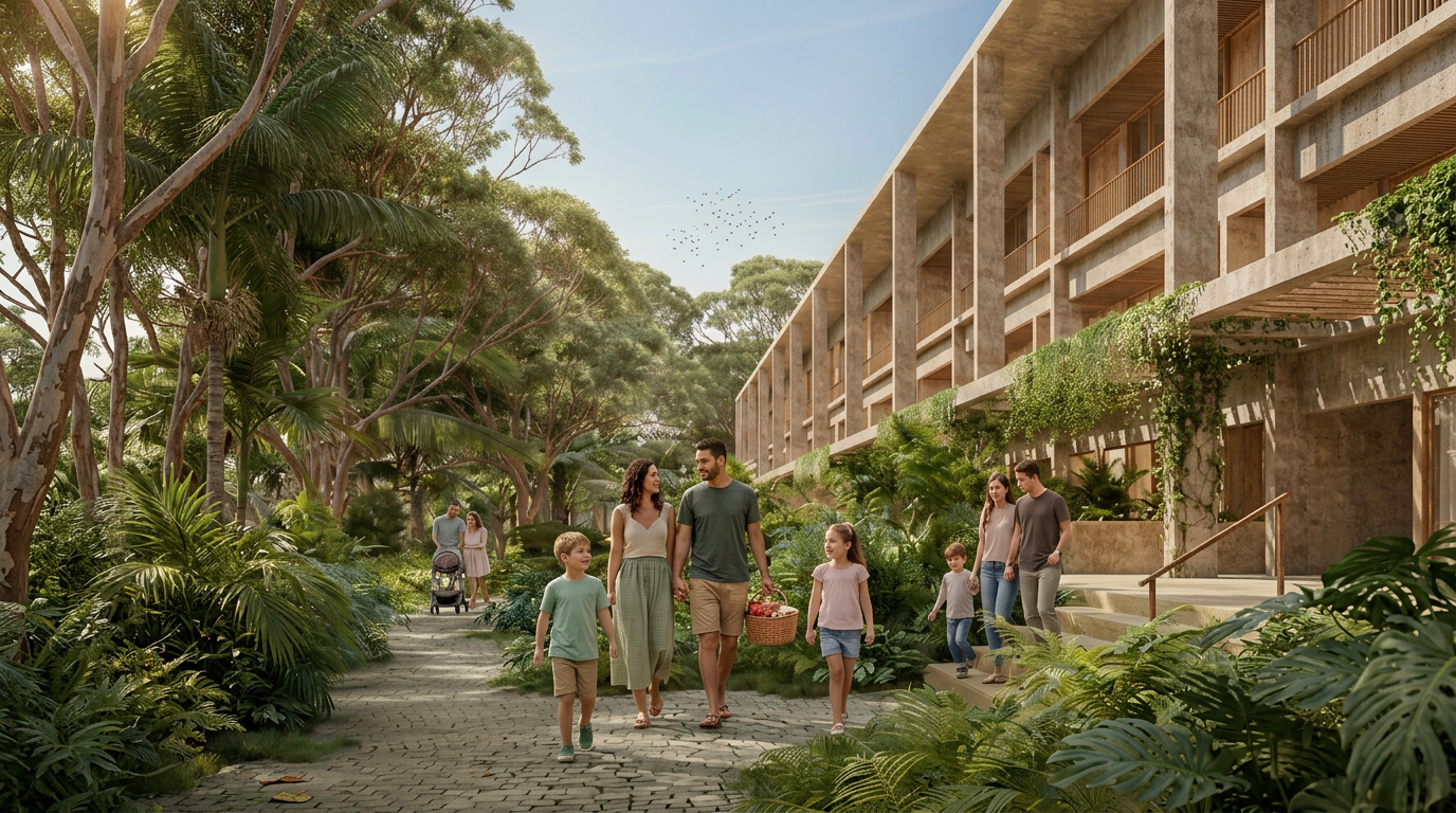 VIREO Living — exterior arquitectónico entre vegetación tropical en Nuevo Vallarta